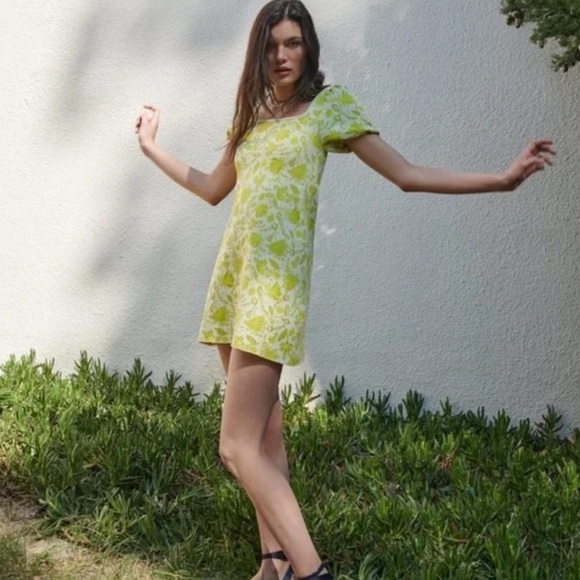 Zara Jacquard Knit Floral Puff Sleeve Mini Dress Citrus Yellow Green Size S - Picture 5 of 13